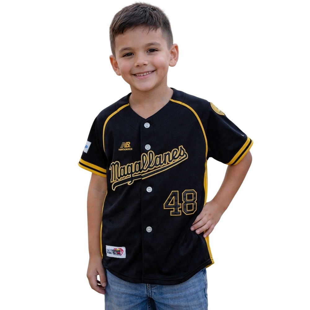 Navegantes del Magallanes Kids Baseball Jersey Size 8 Black Yellow Button Up